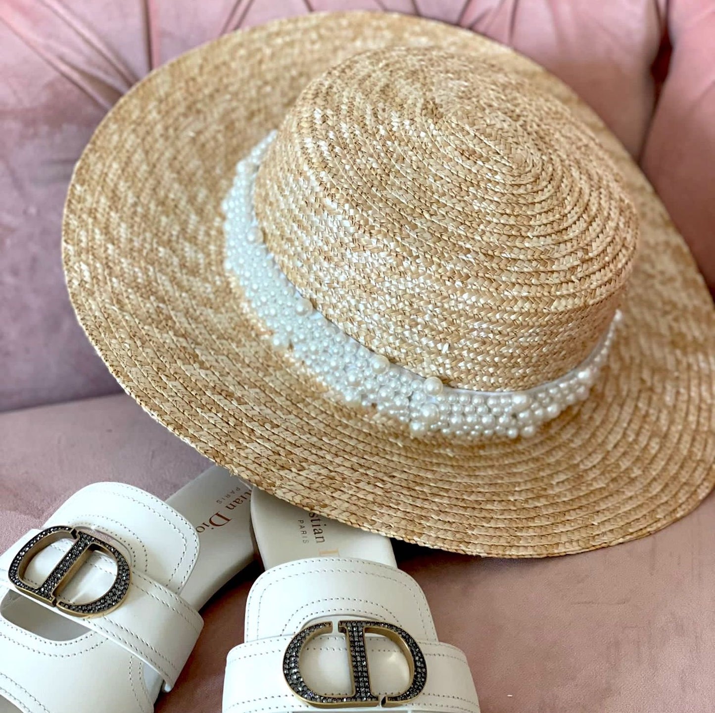 Pearl Embellished Straw Hat